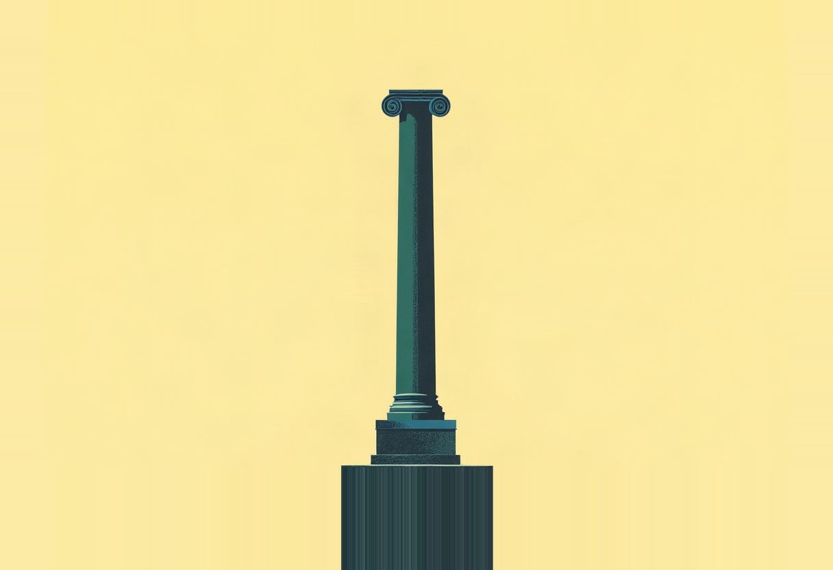 A single dark teal Ionic column with a scrolled capital stands on a tall square pedestal against a plain pale yellow background.