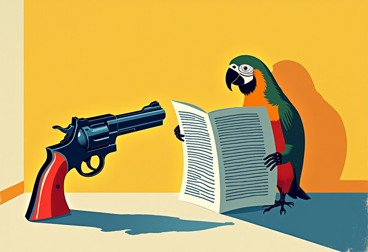 A large revolver with a red grip faces a green and orange parrot holding an open document with a document, against a yellow wall and blue floor.