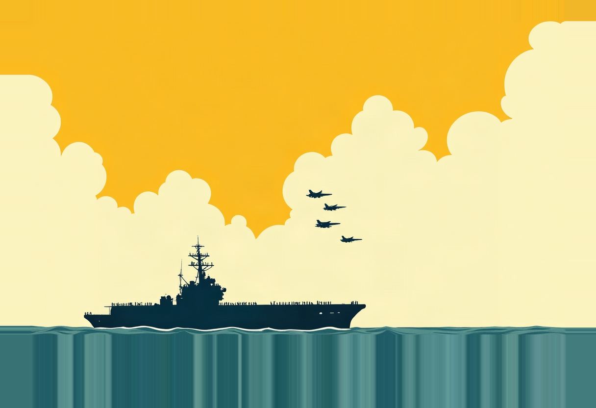 A dark silhouette of an aircraft carrier with small figures on deck sails on teal water, four jets flying in formation above it under an orange and cream cloudy sky.