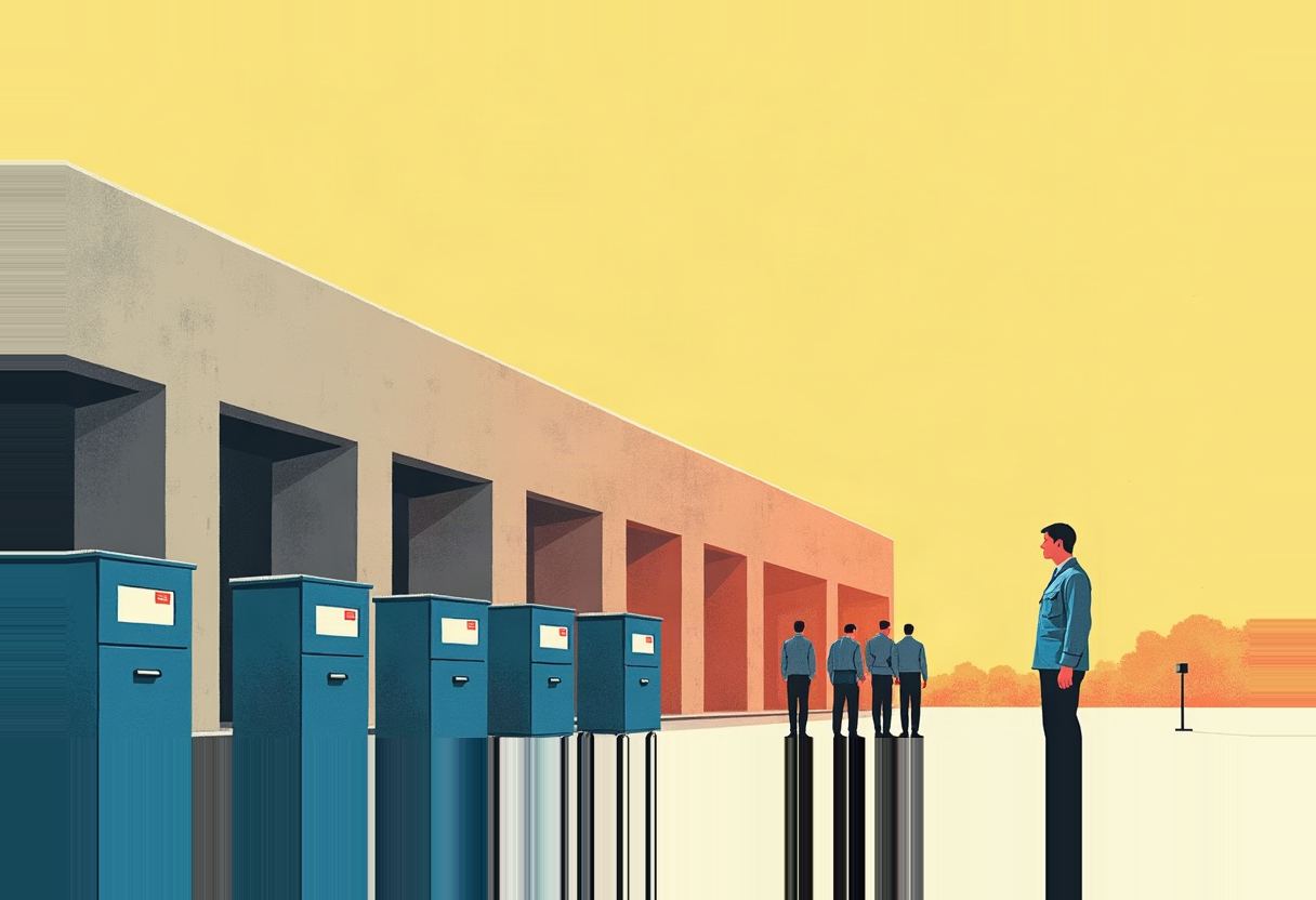 Five blue USPS mailboxes line a loading dock beside five uniformed figures of increasing size against a flat yellow-orange sky.