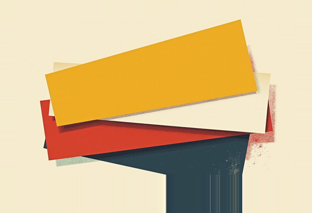 A stack of overlapping rectangular banners in yellow, cream, red, and dark teal, splattered with red and gold speckles, on a pale cream background.