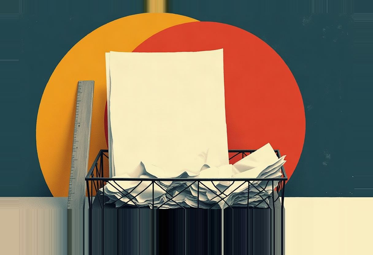 A wire mesh basket holds crumpled paper and one tall flat sheet, with a ruler beside it against overlapping orange and red circles on a dark teal background.