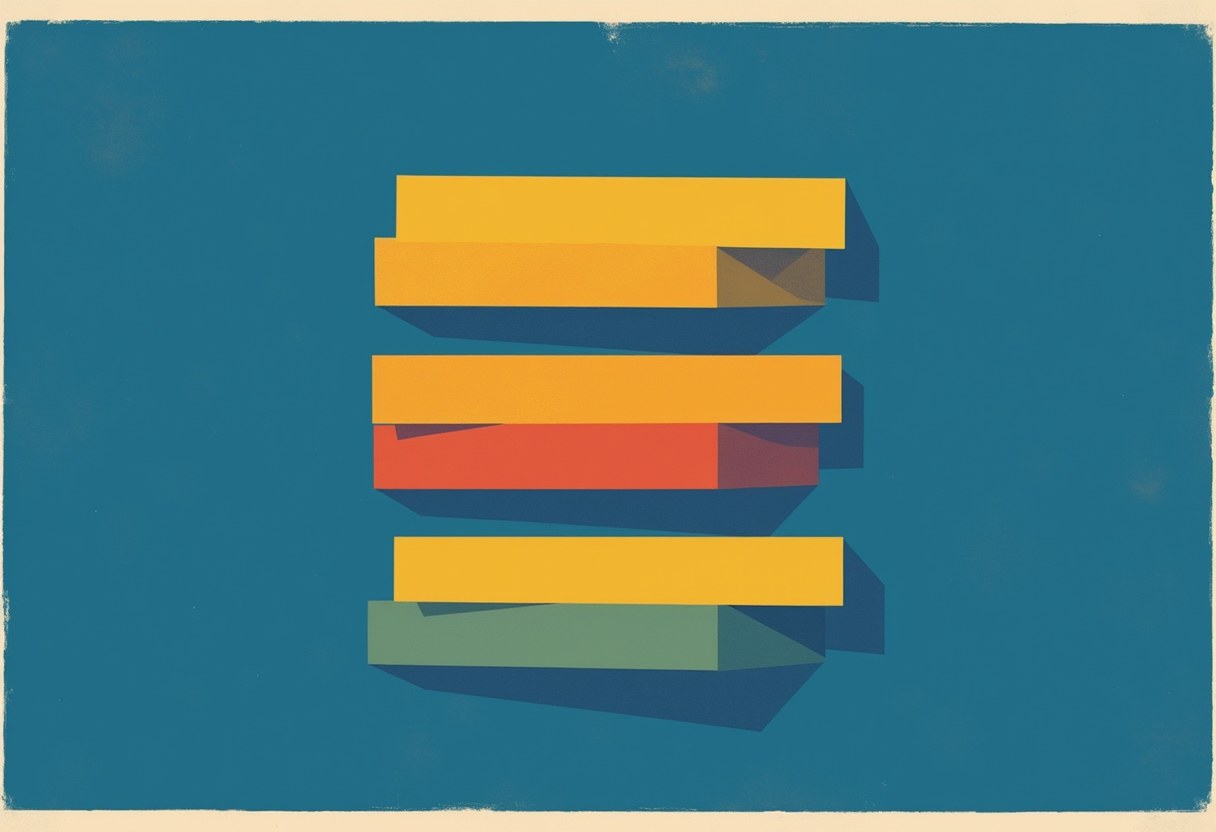 Three pairs of overlapping horizontal bars in yellow over olive, orange over red, and yellow over green, cast dark shadows on a teal background.