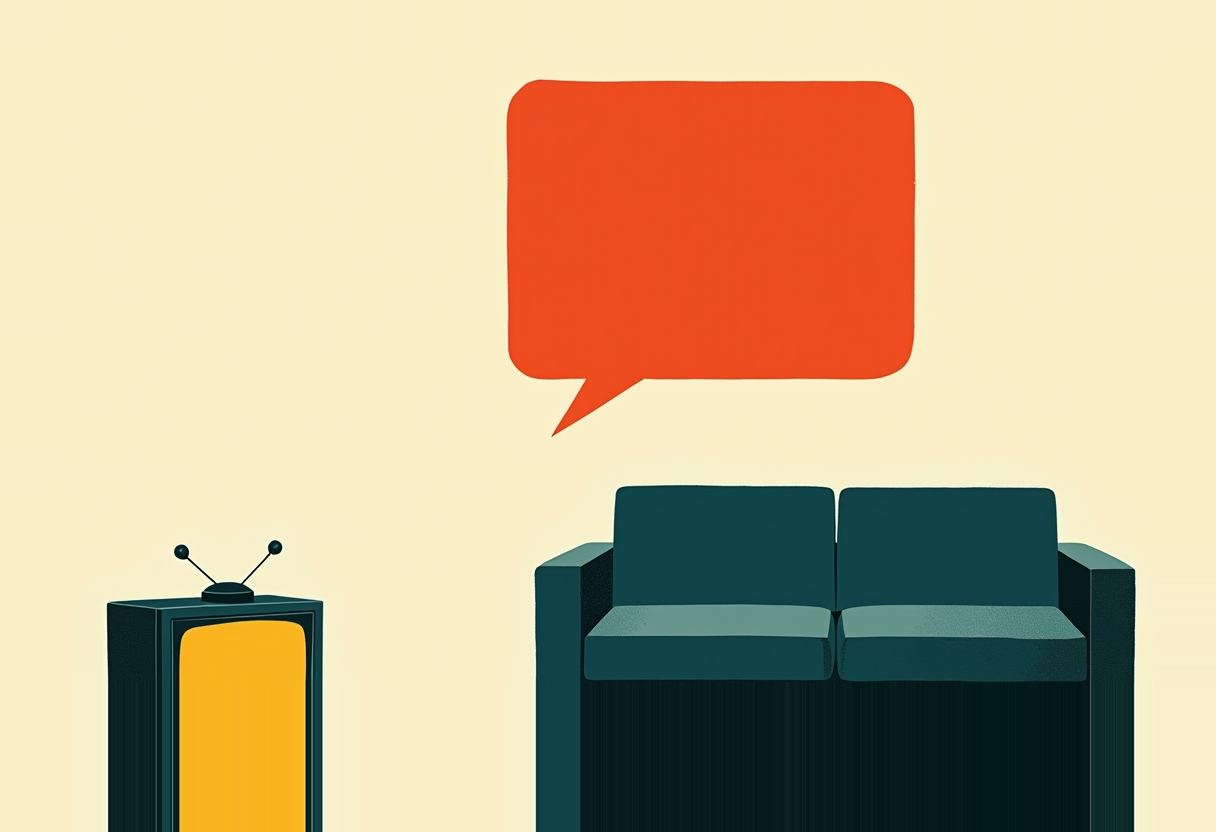An empty orange speech bubble floats above a dark teal two-cushion sofa, beside a retro TV set with rabbit-ear antennas and a yellow screen, on a pale cream background.