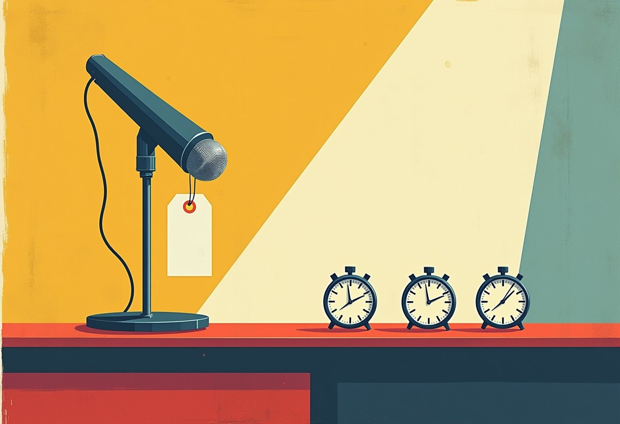 A dark microphone on a stand with a blank price tag hanging from it stands beside three small clocks on a red desk, against a yellow, cream, and teal background.