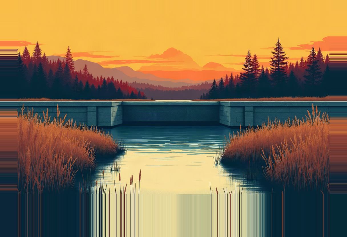 A low stone dam wall holds back a river bordered by tall golden reeds, with a pine forest and mountains silhouetted under an orange-yellow sunset sky.