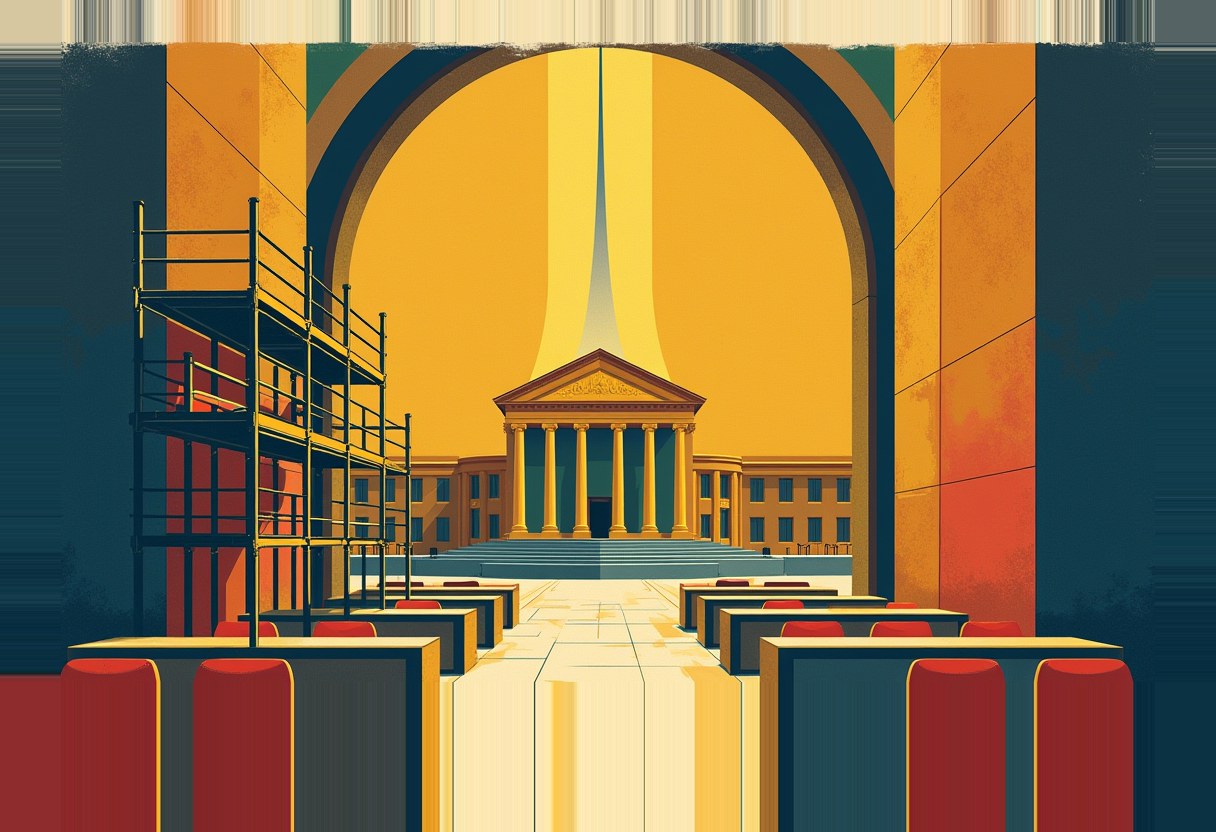 A red-and-teal-toned illustration of empty theater-style benches with red cushions facing a distant Greek Revival building with columns and a pediment, seen through a large arch, with construction scaffolding on the left.
