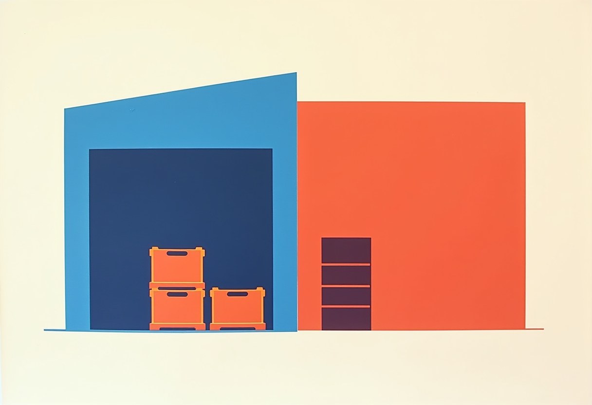 Flat-style illustration of two warehouse building fronts, one blue with an open bay holding three orange crates, one orange with a narrow dark closed door.