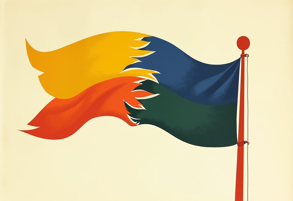 A flag on a red pole splits into flame-edged yellow and blue on top and orange and dark green below, against a cream background.