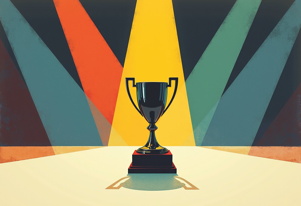 A dark trophy on a red pedestal sits centered under a yellow spotlight beam, flanked by angular orange, teal, and green triangular shapes on a dark background.