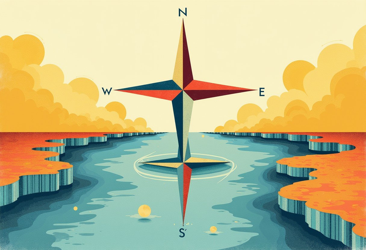 A red, navy, and cream compass rose stands upright in blue water, its point reflected below, flanked by orange cliffs under a yellow cloudy sky.