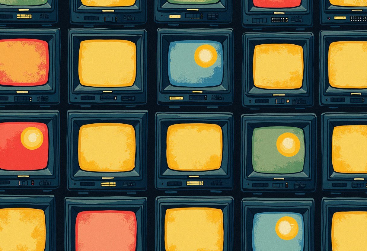 A grid of identical retro TV sets with dark blue frames, showing blank screens in yellow, red, orange, blue, and green, some with a plain circular sun-like shape.