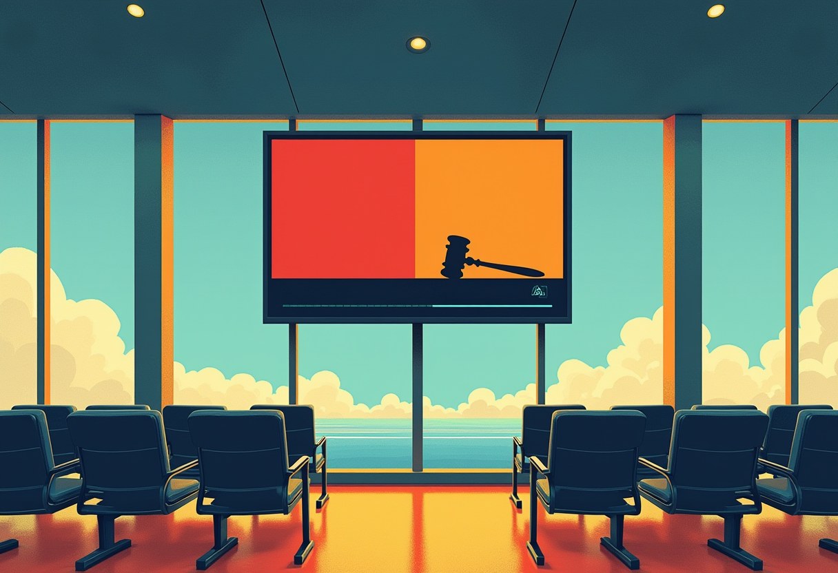 A wall-mounted TV showing a gavel silhouette over a split red-and-orange screen, above rows of empty black chairs facing tall windows and clouds.