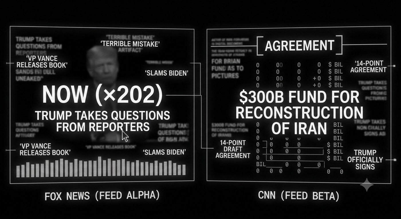Two black side-by-side TV-style panels of overlapping white chyron text: left labeled Fox News shows a blurred man with 'NOW (×202) TRUMP TAKES QUESTIONS FROM REPORTERS' over an audio waveform; right labeled CNN shows '$300B FUND FOR RECONSTRUCTION OF IRAN' amid rows of zeros and dollar signs.