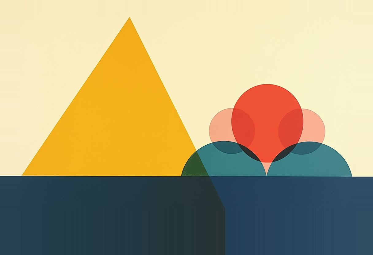 A yellow triangle beside overlapping teal and orange semicircles topped by a red circle, all on a pale cream background above a dark navy horizontal band.