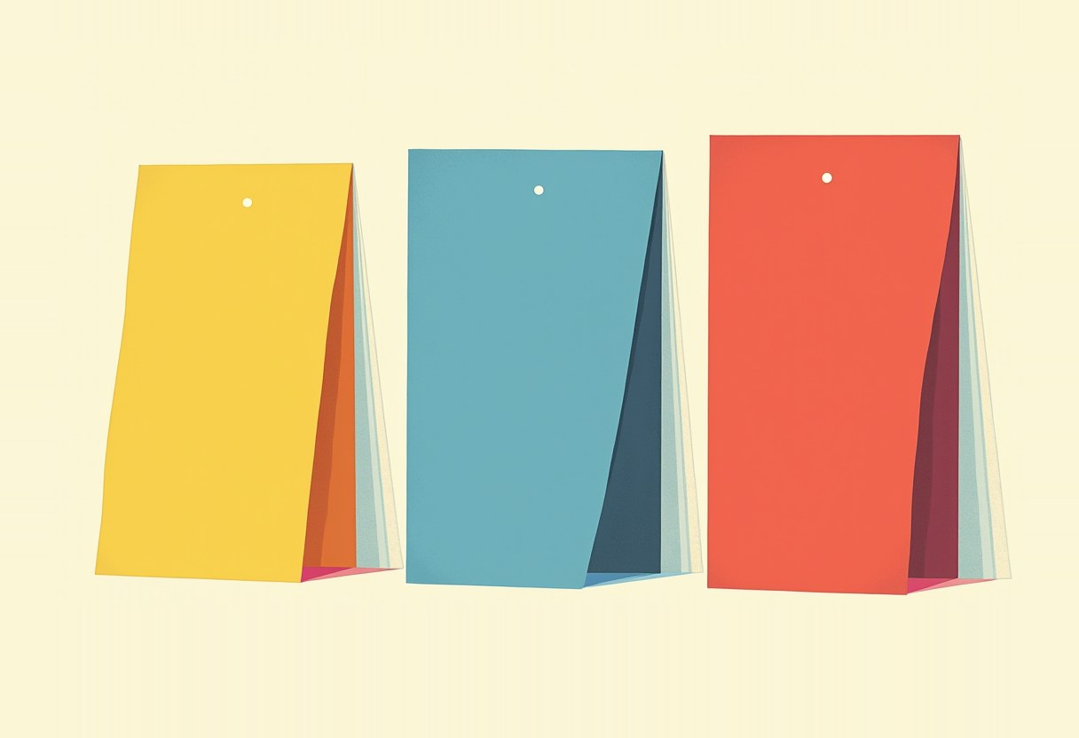 Three tall rectangular tags with round holes at top stand upright at slight angles, colored yellow, blue, and red, each with layered edges of other hues fanned behind, on a pale cream background.