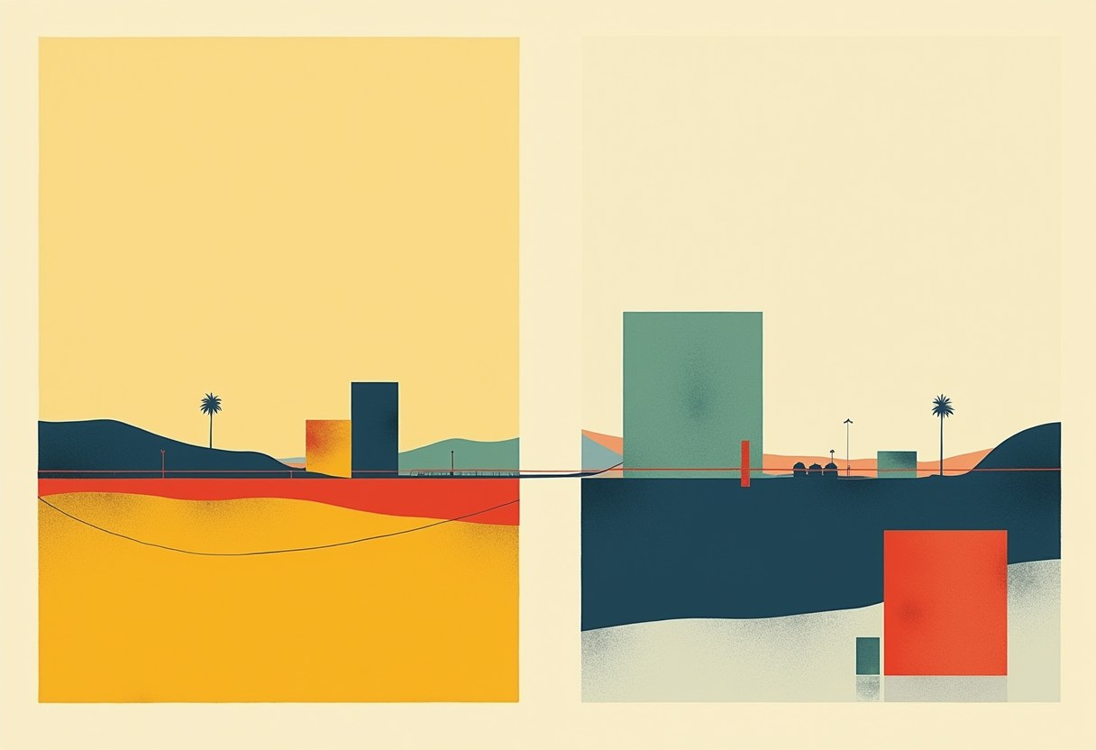 Two-panel geometric illustration: a yellow-and-orange skyline with a palm tree on the left, a teal-and-red skyline with a palm tree on the right, joined by a thin connecting line.