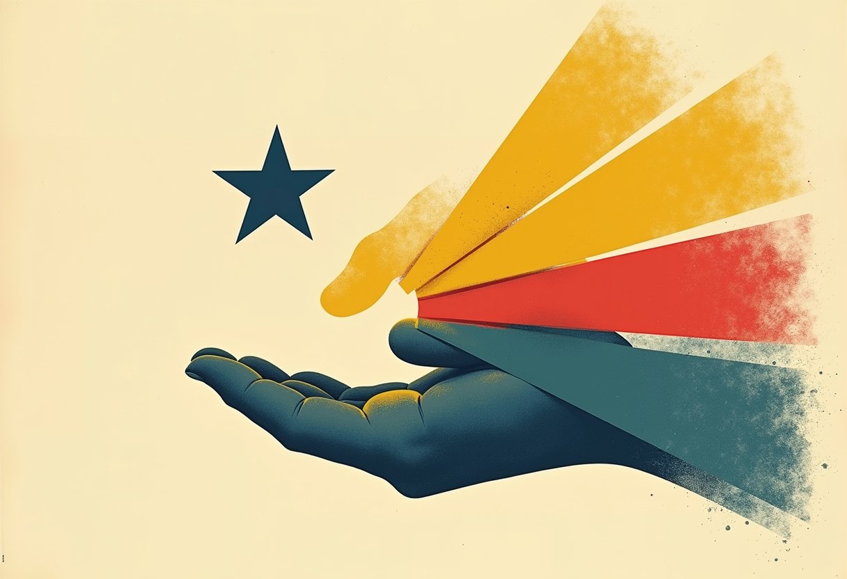 A dark blue open hand releases a five-pointed star beside diagonal yellow, red, and teal light rays on a cream background.